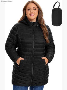 Plus Size Lightweight Puffer Jacket, Packable Winter Coat with Detachable Hood
